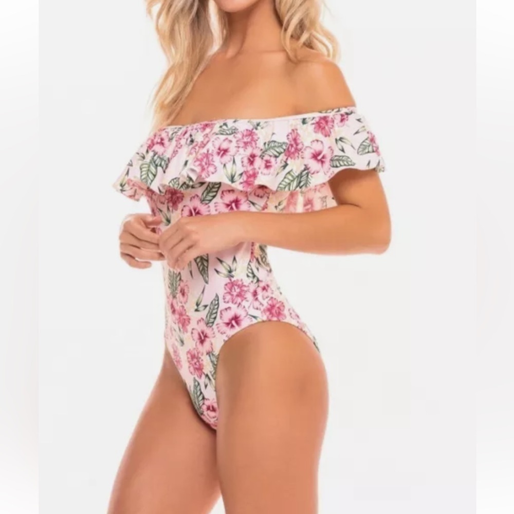 CABANA DEL SOL PinkShoulder Ruffle Top Tropical Print One Piece Swimsuit  Size L